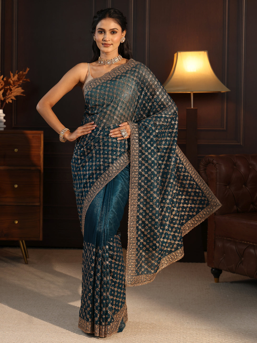  Libas Teal Blue Floral Embroidered Net Saree 