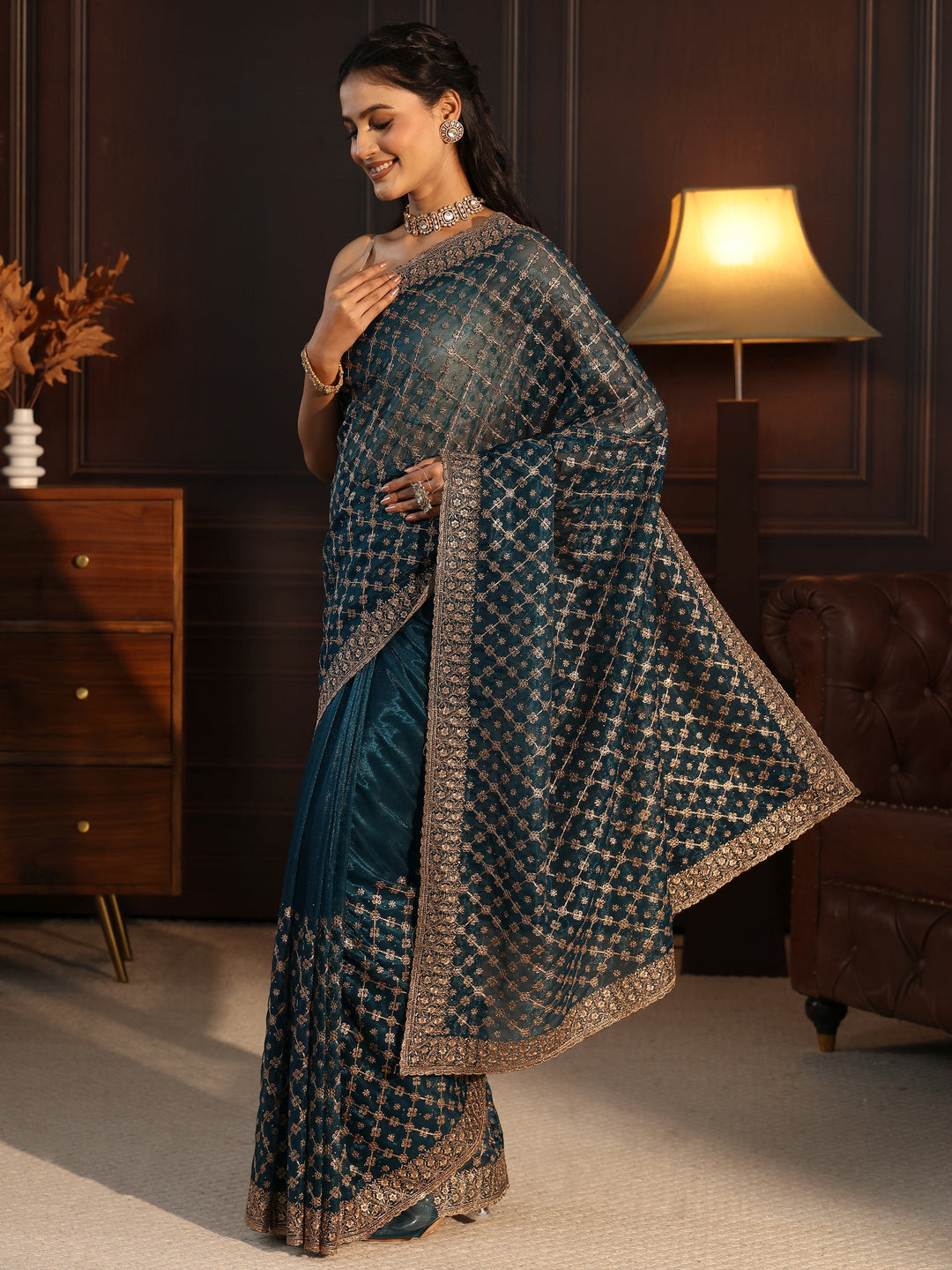  Libas Teal Blue Floral Embroidered Net Saree 
