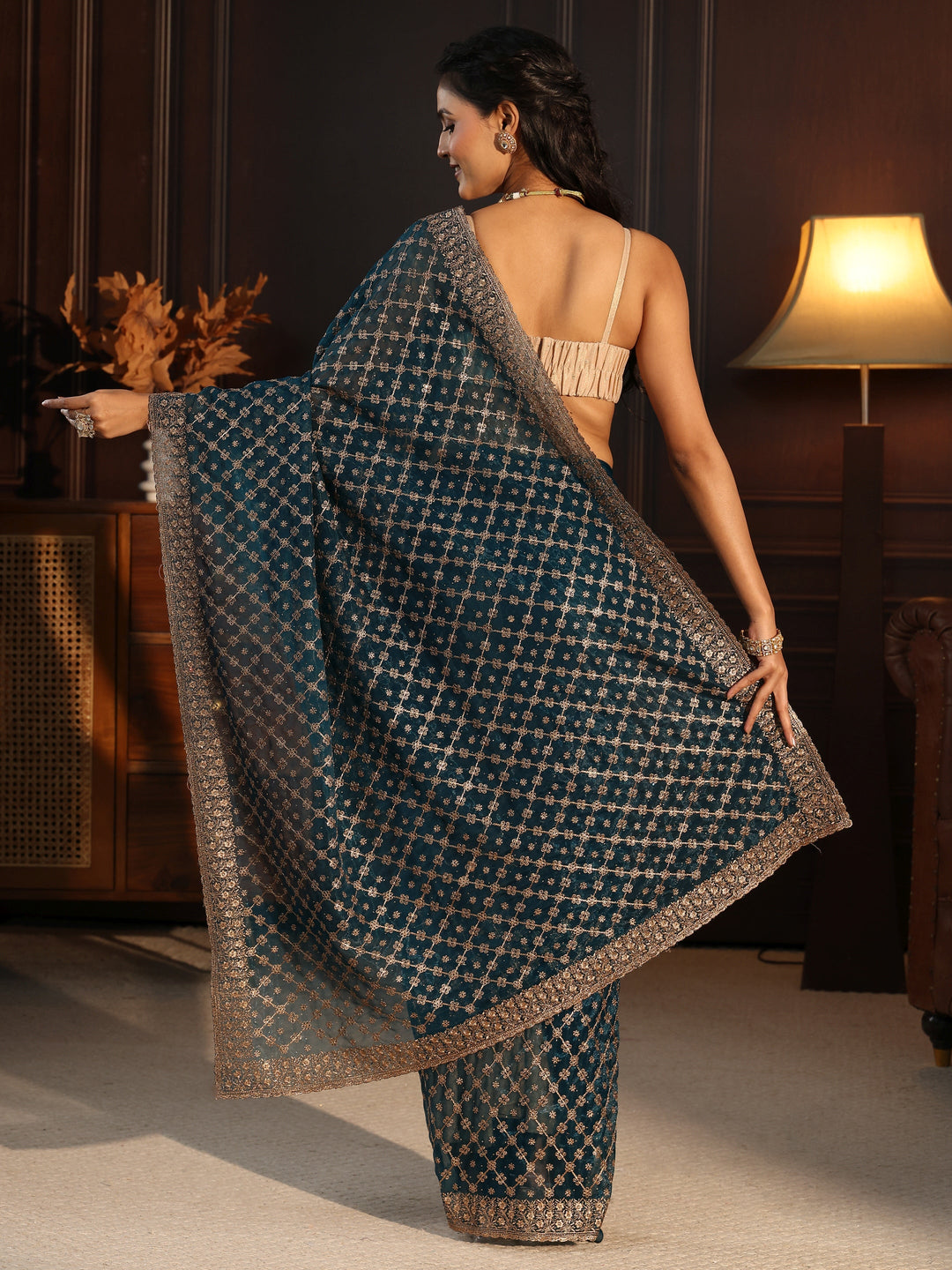  Libas Teal Blue Floral Embroidered Net Saree 