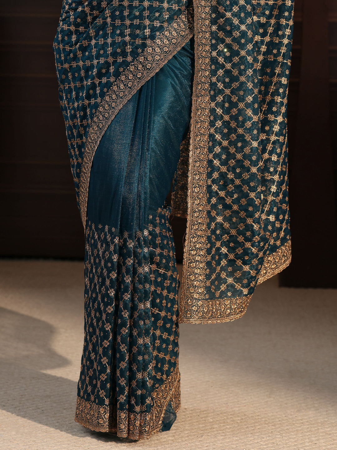 Libas Teal Blue Floral Embroidered Net Saree 