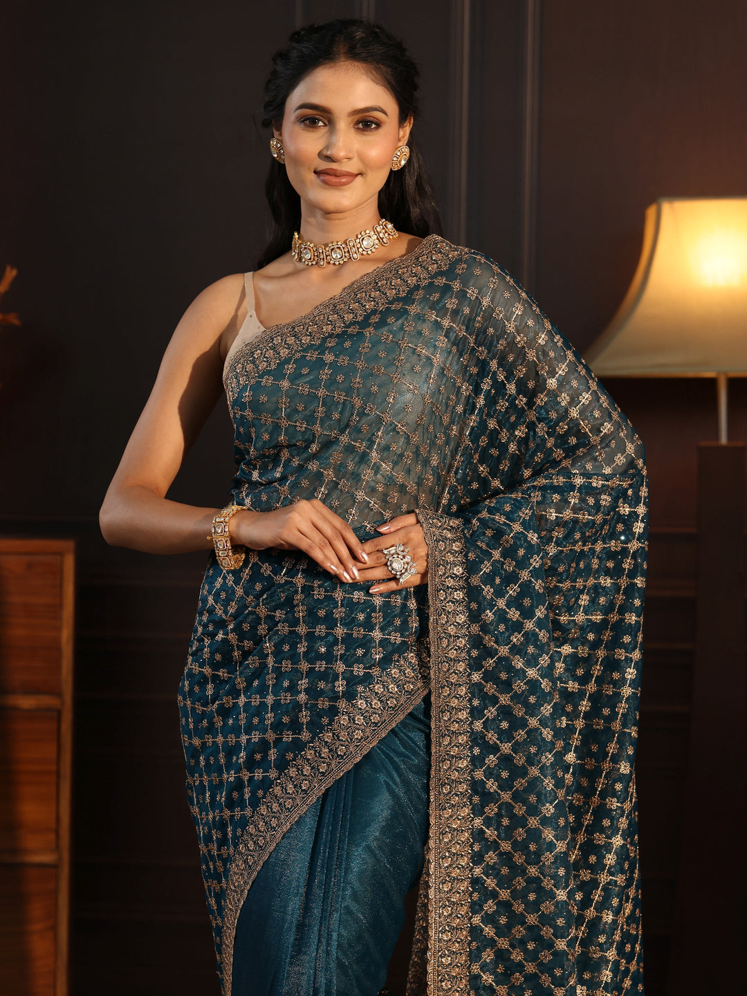  Libas Teal Blue Floral Embroidered Net Saree 