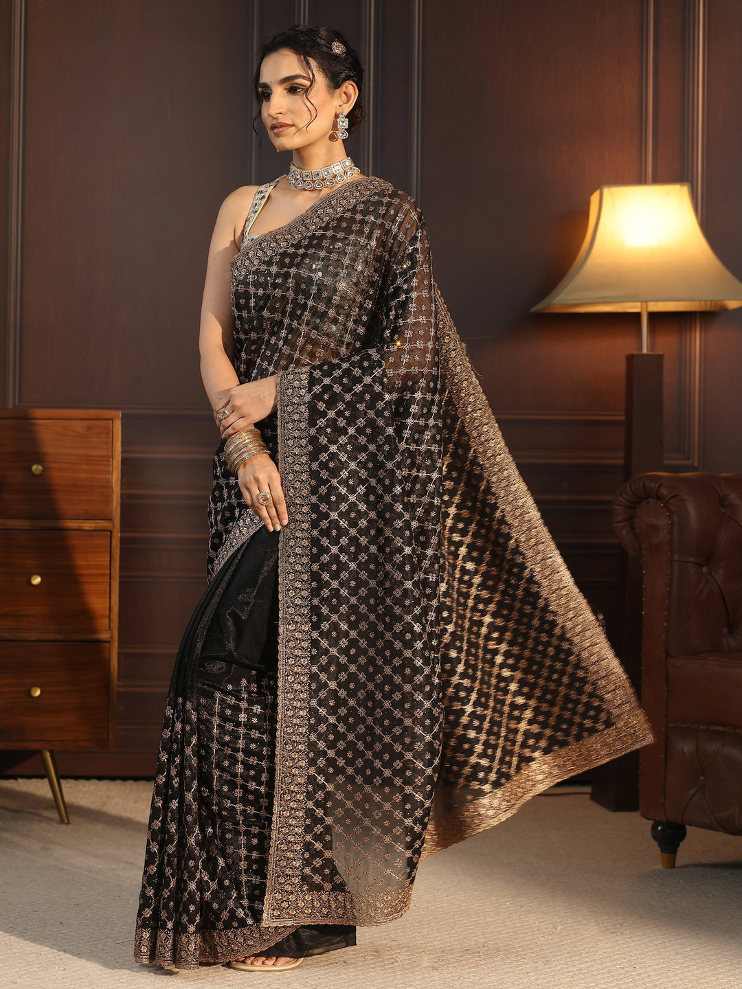  Libas Black Floral Embroidered Net Saree 