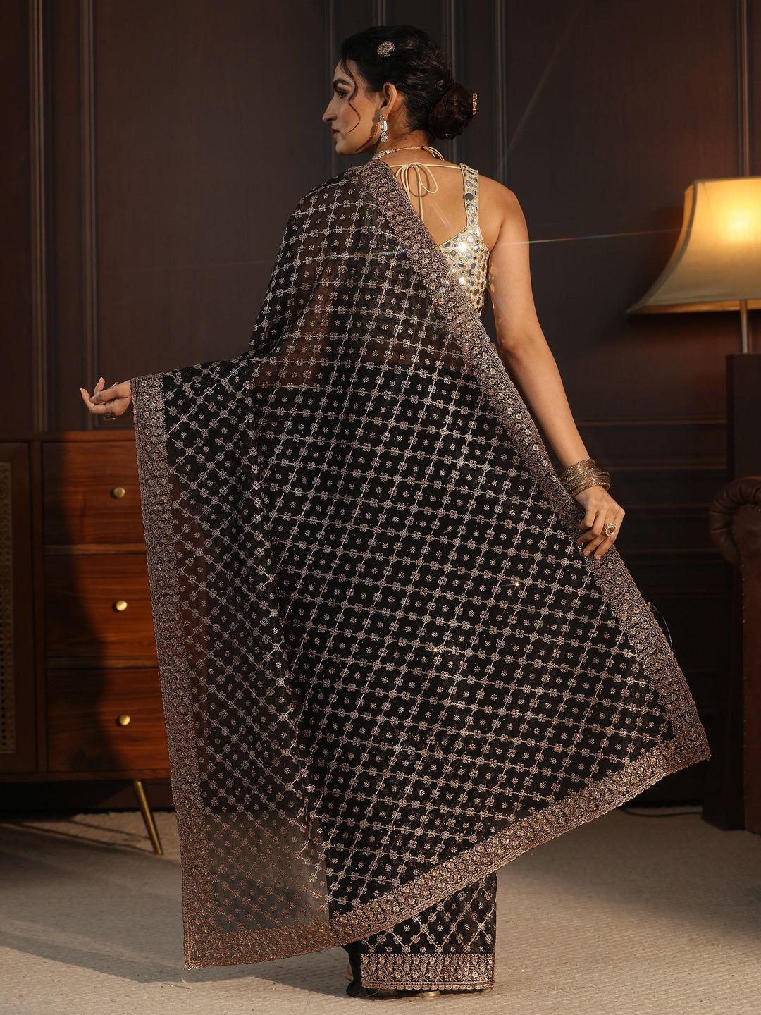  Libas Black Floral Embroidered Net Saree 