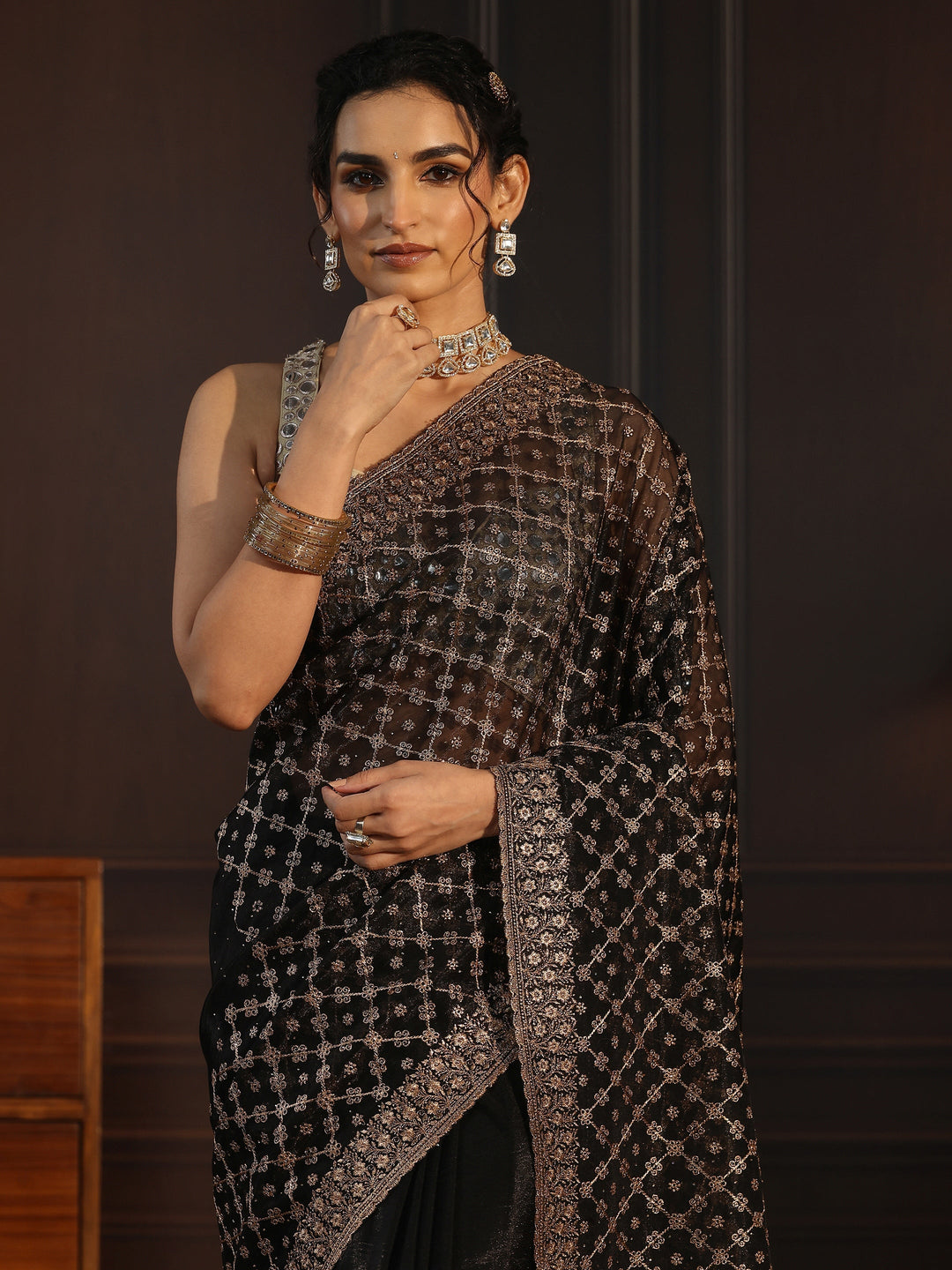  Libas Black Floral Embroidered Net Saree 
