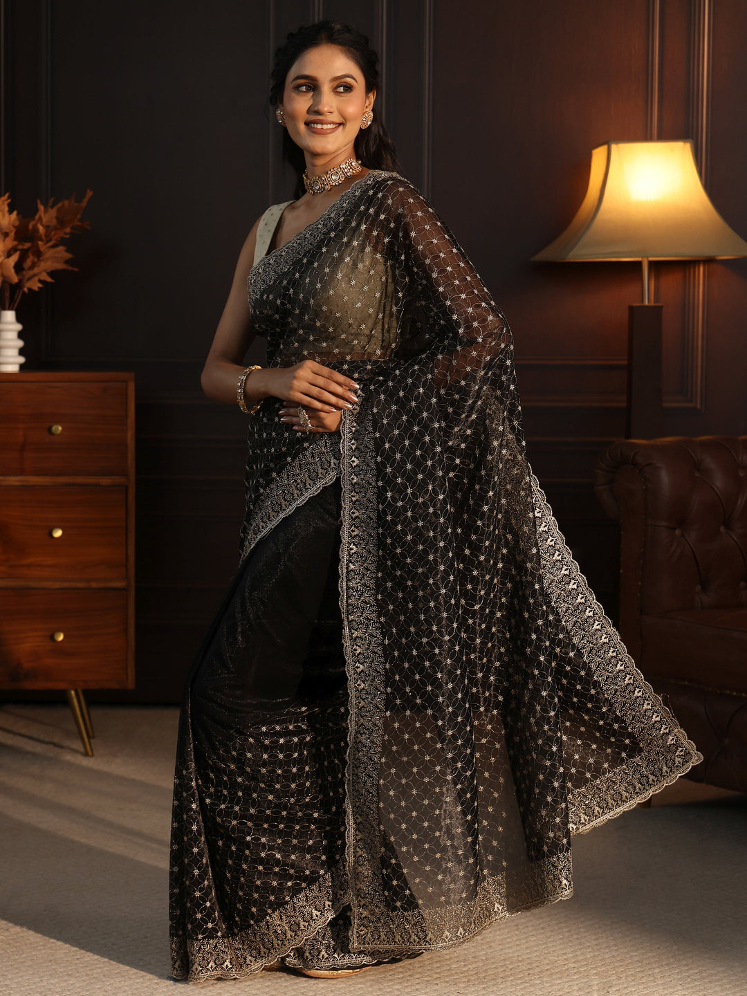  Libas Black Floral Embroidered Net Saree 