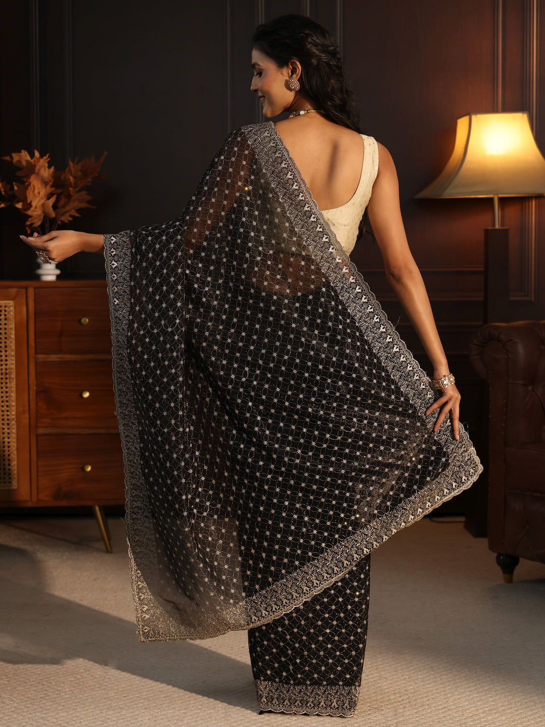  Libas Black Floral Embroidered Net Saree 
