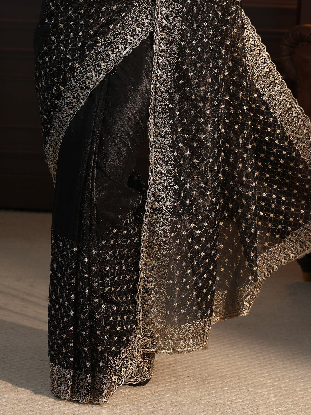  Libas Black Floral Embroidered Net Saree 