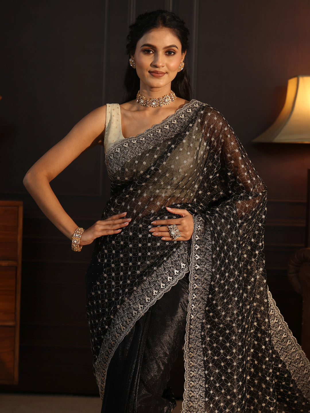  Libas Black Floral Embroidered Net Saree 