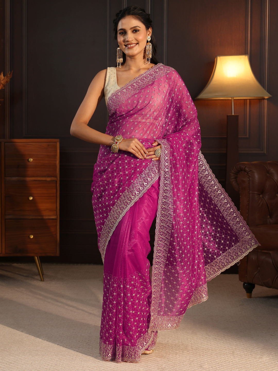  Libas Magenta Floral Embroidered Net Saree 