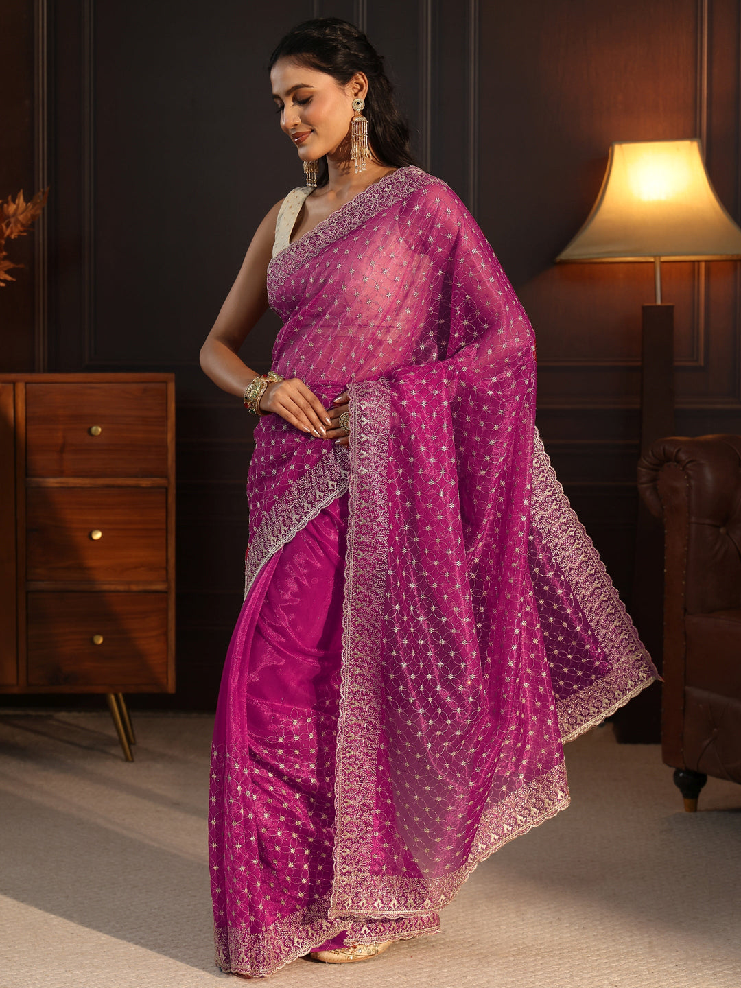  Libas Magenta Floral Embroidered Net Saree 