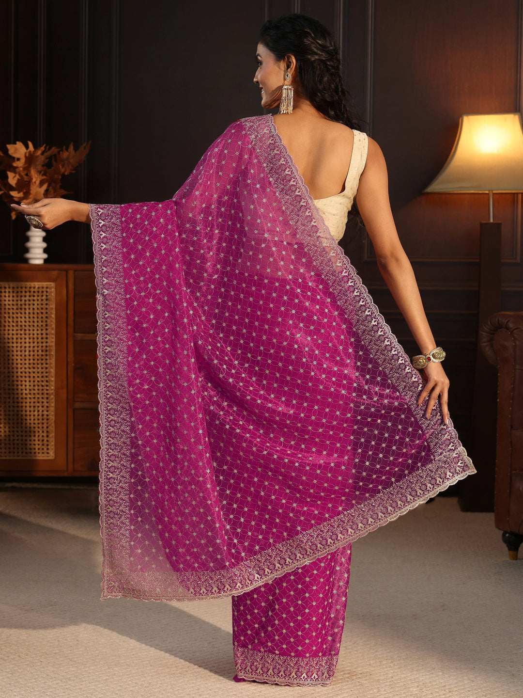  Libas Magenta Floral Embroidered Net Saree 