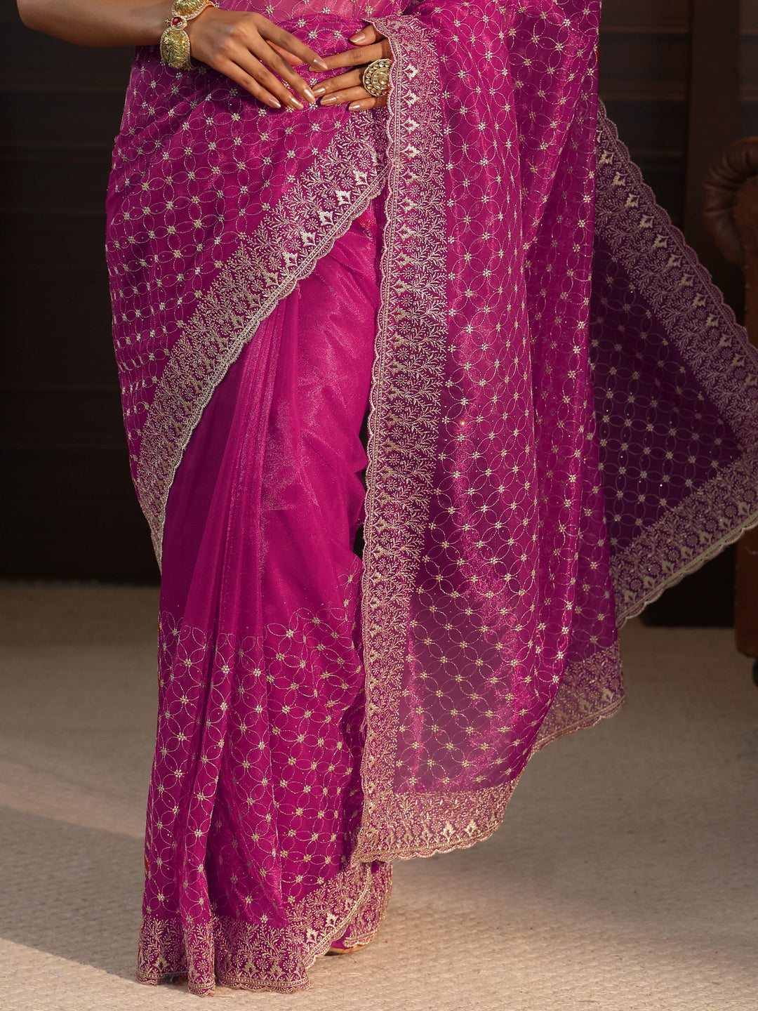  Libas Magenta Floral Embroidered Net Saree 