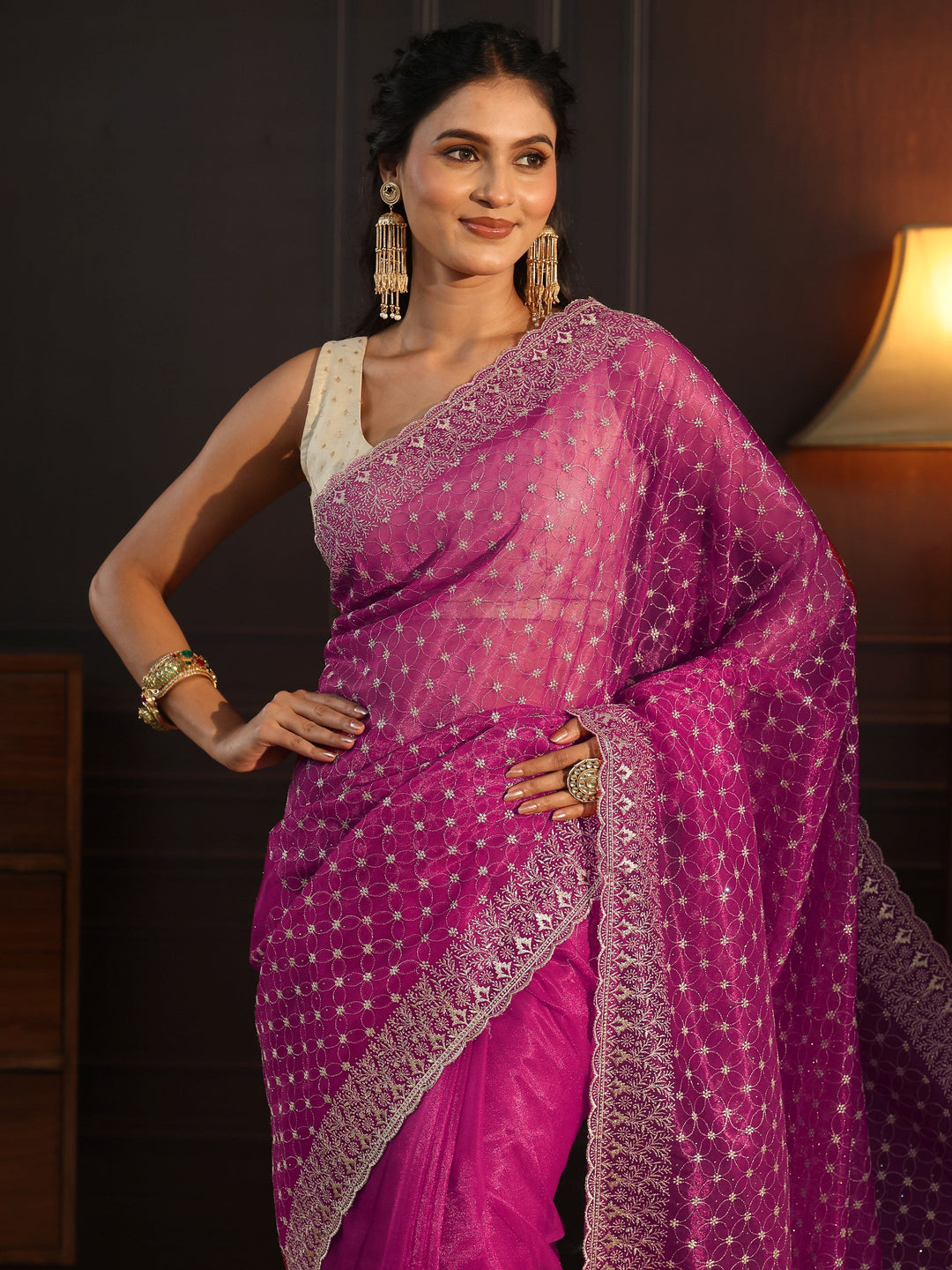  Libas Magenta Floral Embroidered Net Saree 