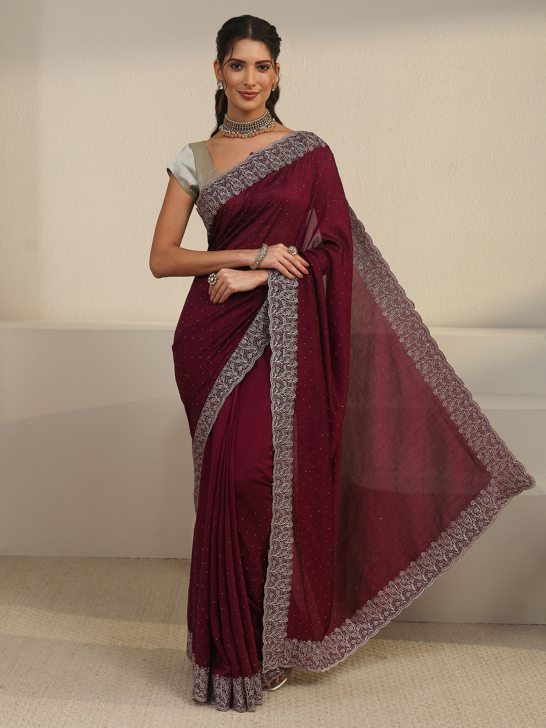  Libas Wine Stone Work Embellished Silk Blend Saree 