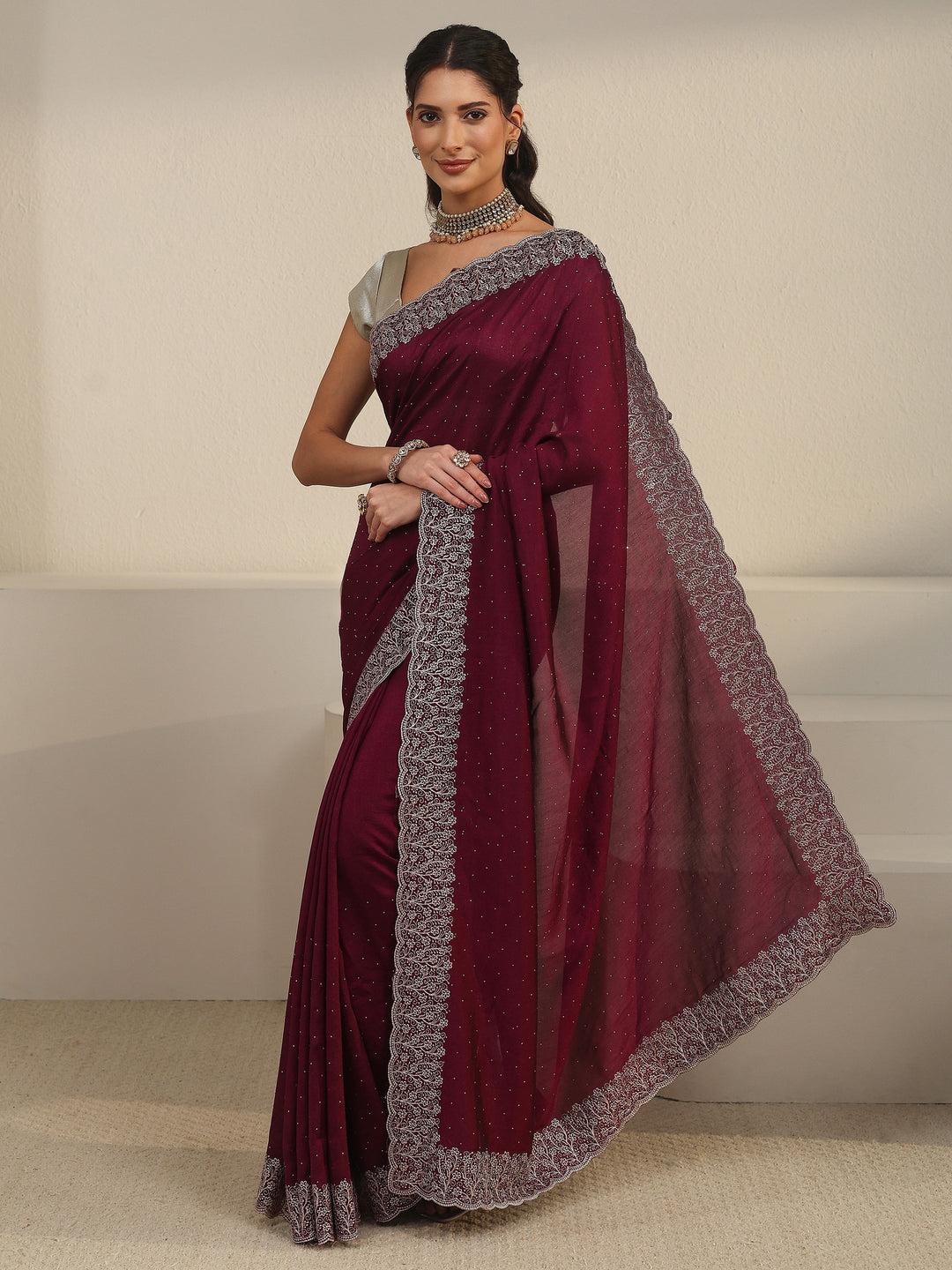  Libas Wine Stone Work Embellished Silk Blend Saree 