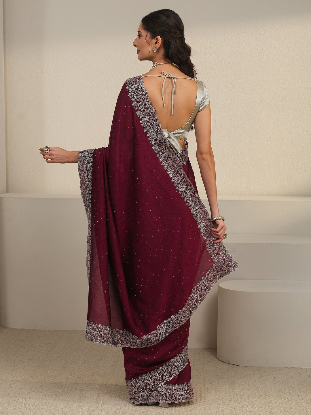  Libas Wine Stone Work Embellished Silk Blend Saree 