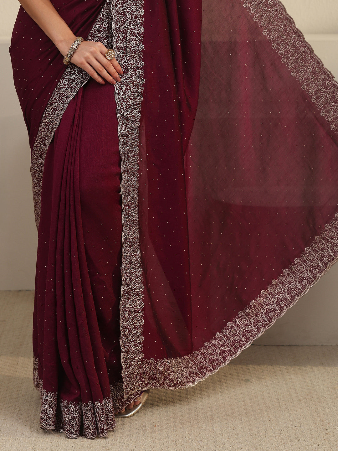  Libas Wine Stone Work Embellished Silk Blend Saree 
