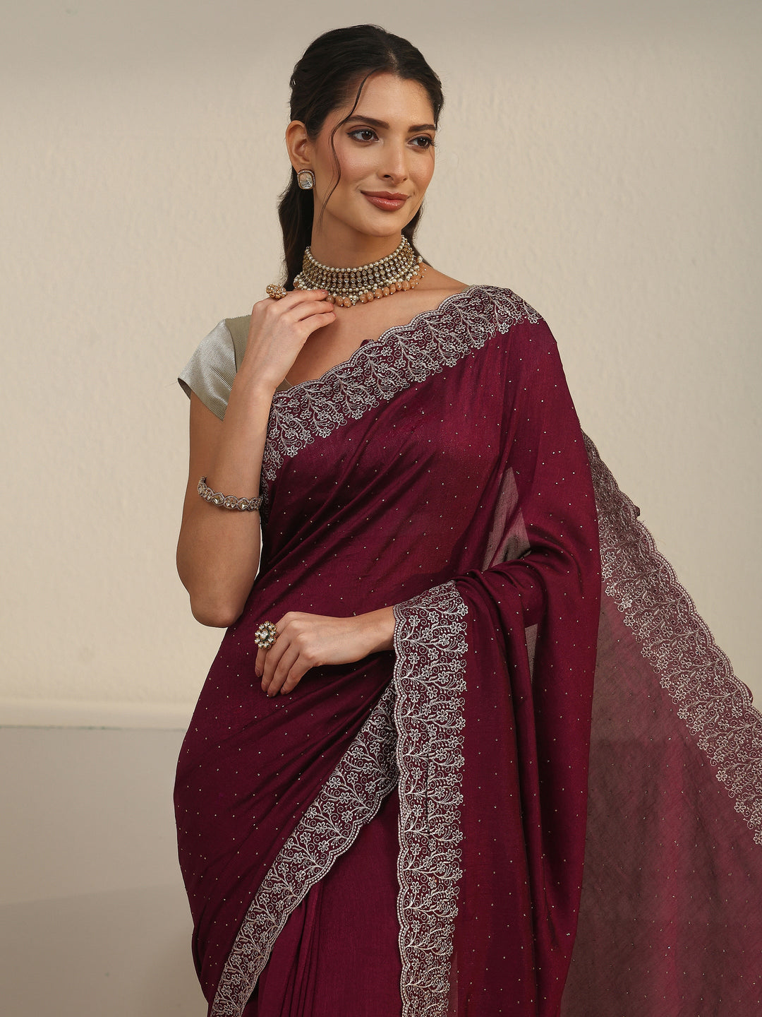  Libas Wine Stone Work Embellished Silk Blend Saree 