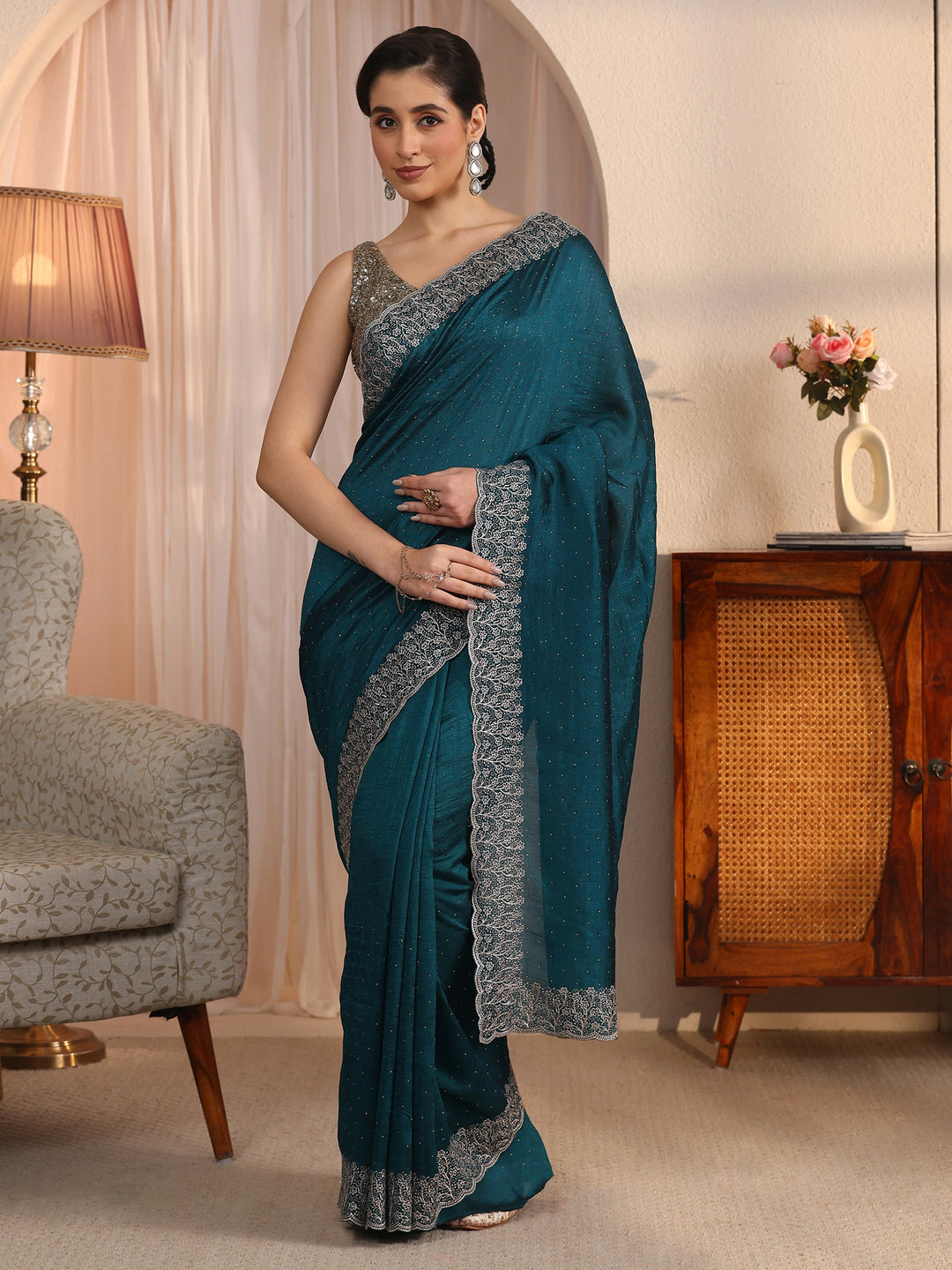  Libas Deep Teal Blue Stone Work Embellished Silk Blend Saree 