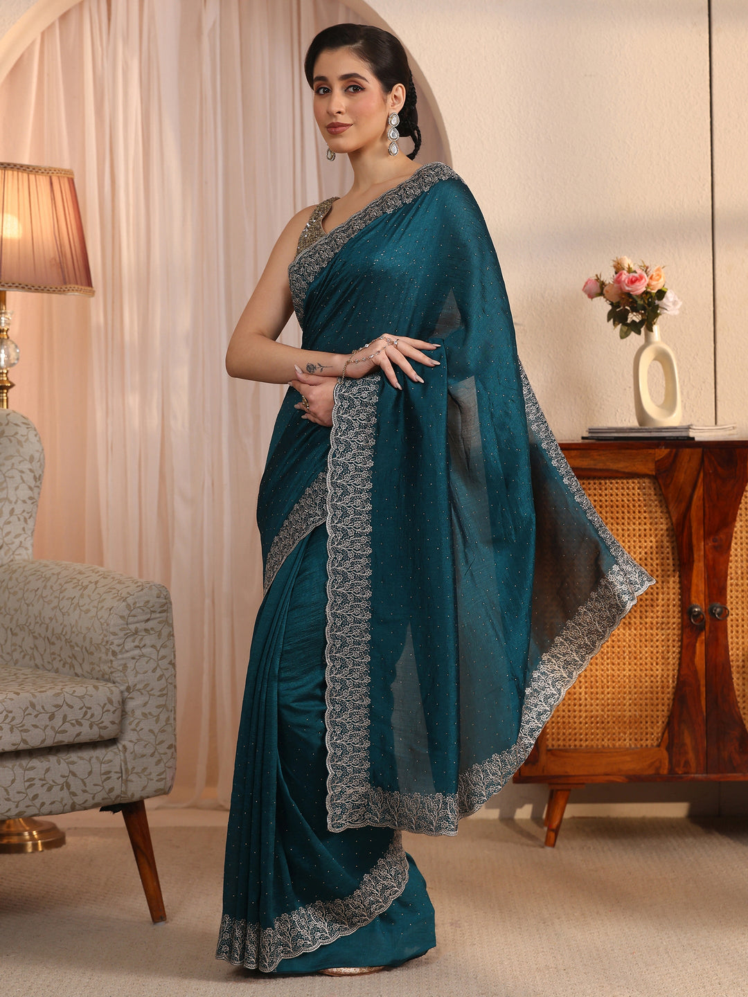  Libas Deep Teal Blue Stone Work Embellished Silk Blend Saree 