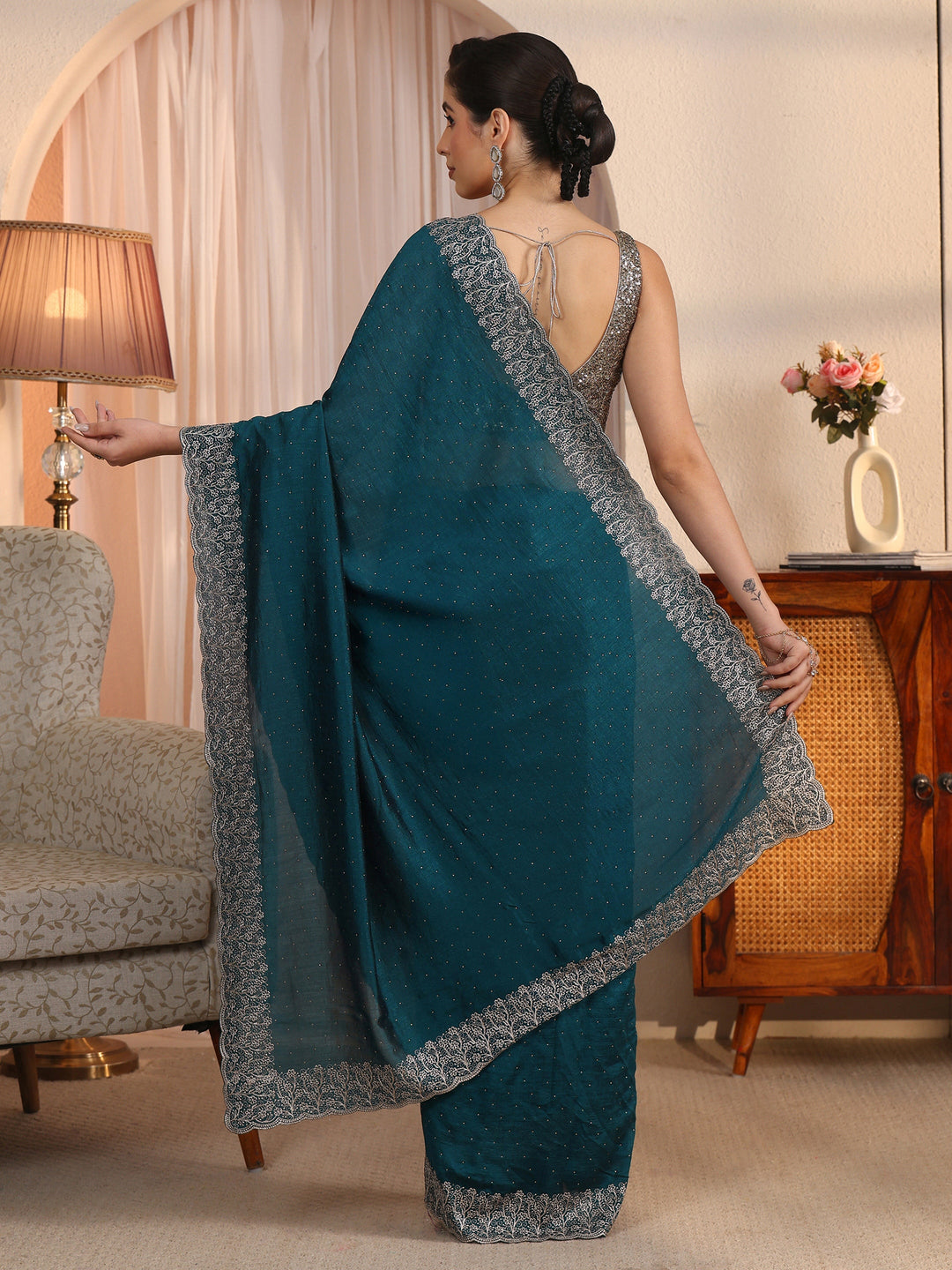  Libas Deep Teal Blue Stone Work Embellished Silk Blend Saree 
