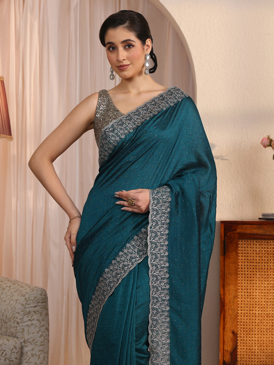  Libas Deep Teal Blue Stone Work Embellished Silk Blend Saree 