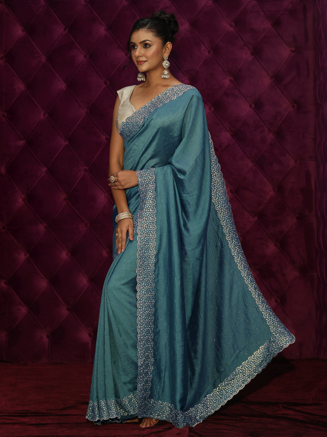  Libas Teal Blue Stone Work Embellished Silk Blend Saree 
