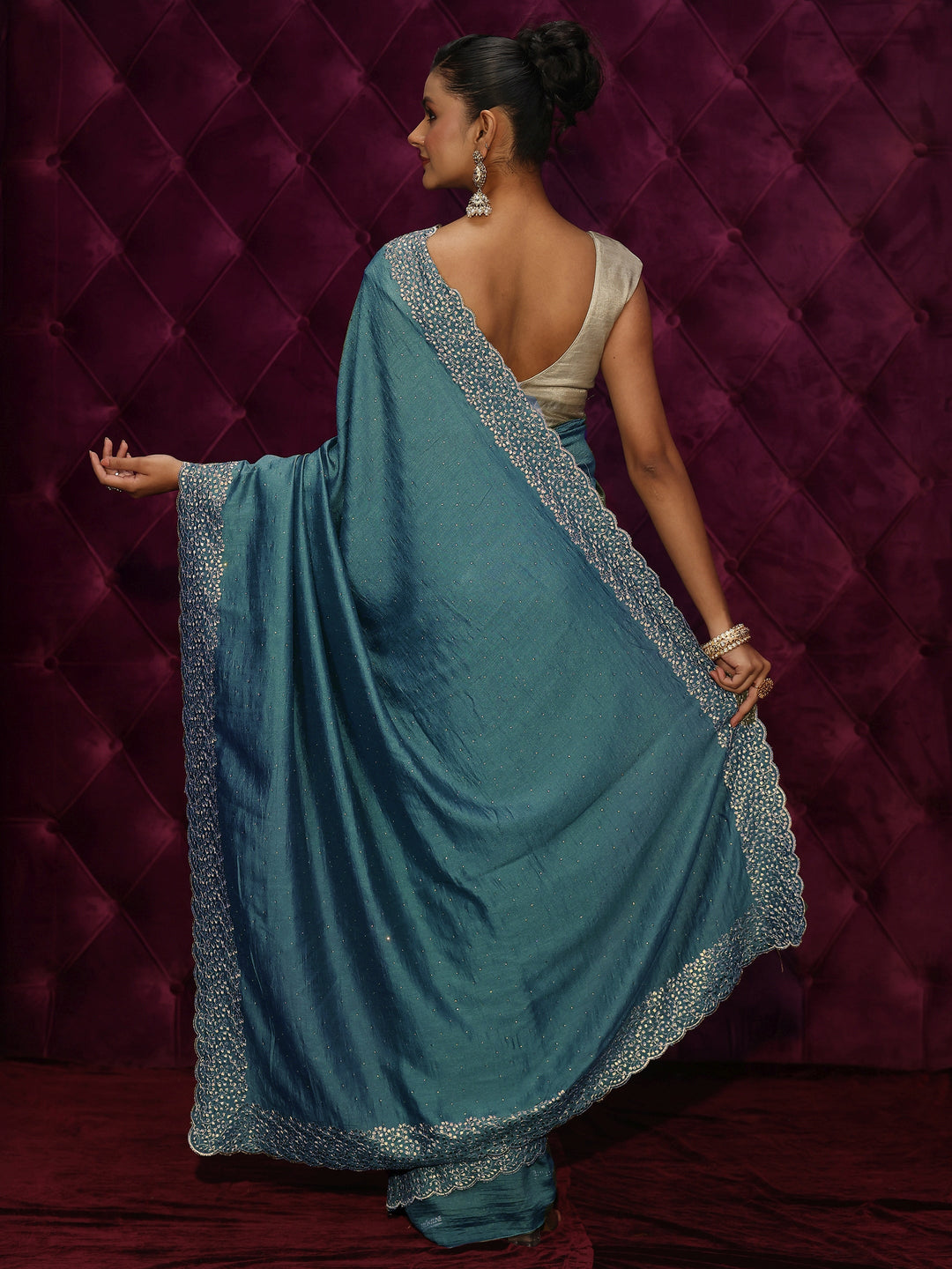  Libas Teal Blue Stone Work Embellished Silk Blend Saree 