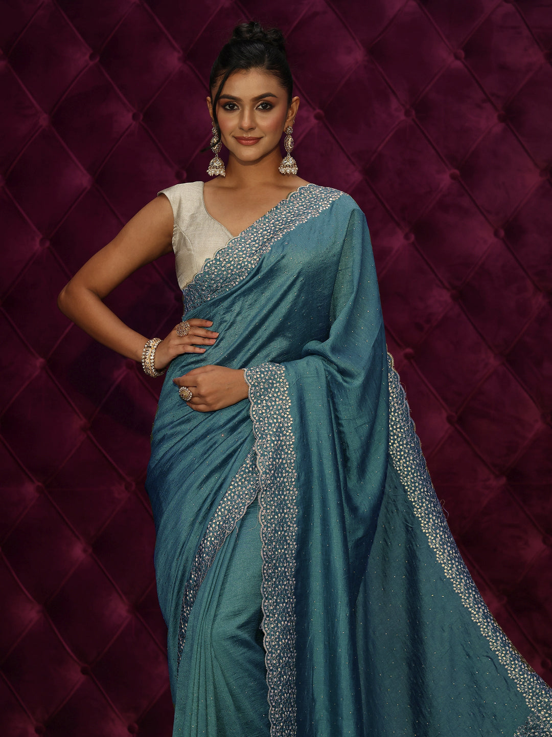  Libas Teal Blue Stone Work Embellished Silk Blend Saree 