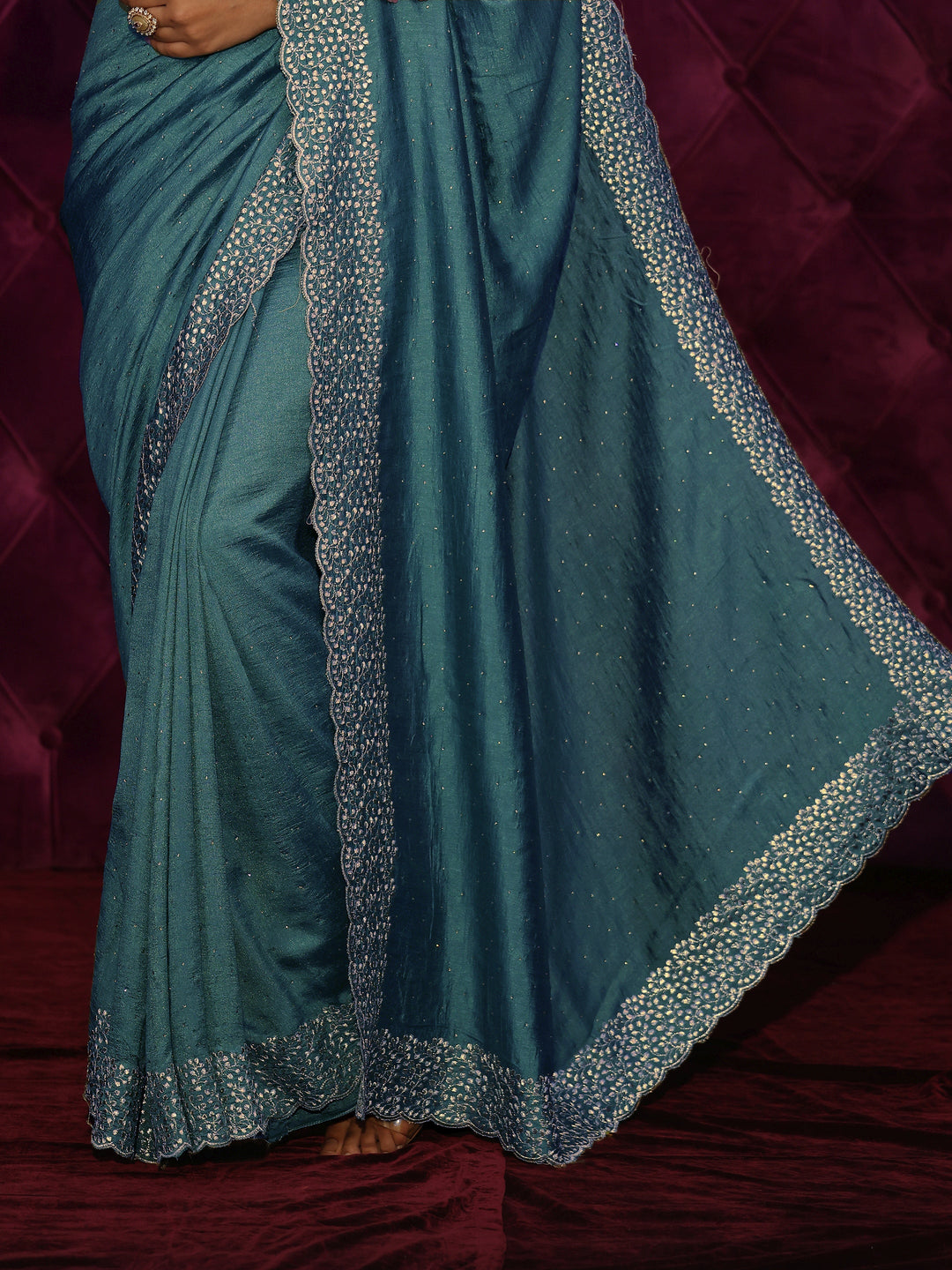  Libas Teal Blue Stone Work Embellished Silk Blend Saree 