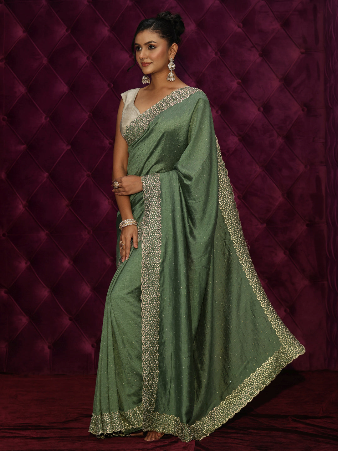  Libas Olive Green Stone Work Embellished Silk Blend Saree 
