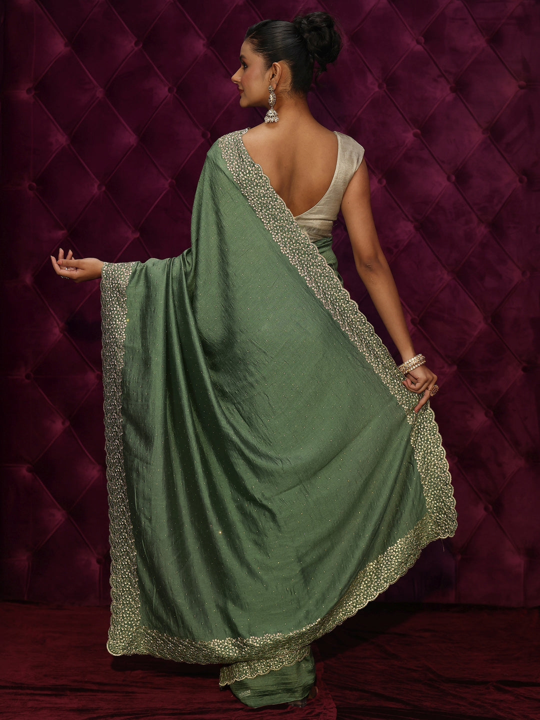  Libas Olive Green Stone Work Embellished Silk Blend Saree 