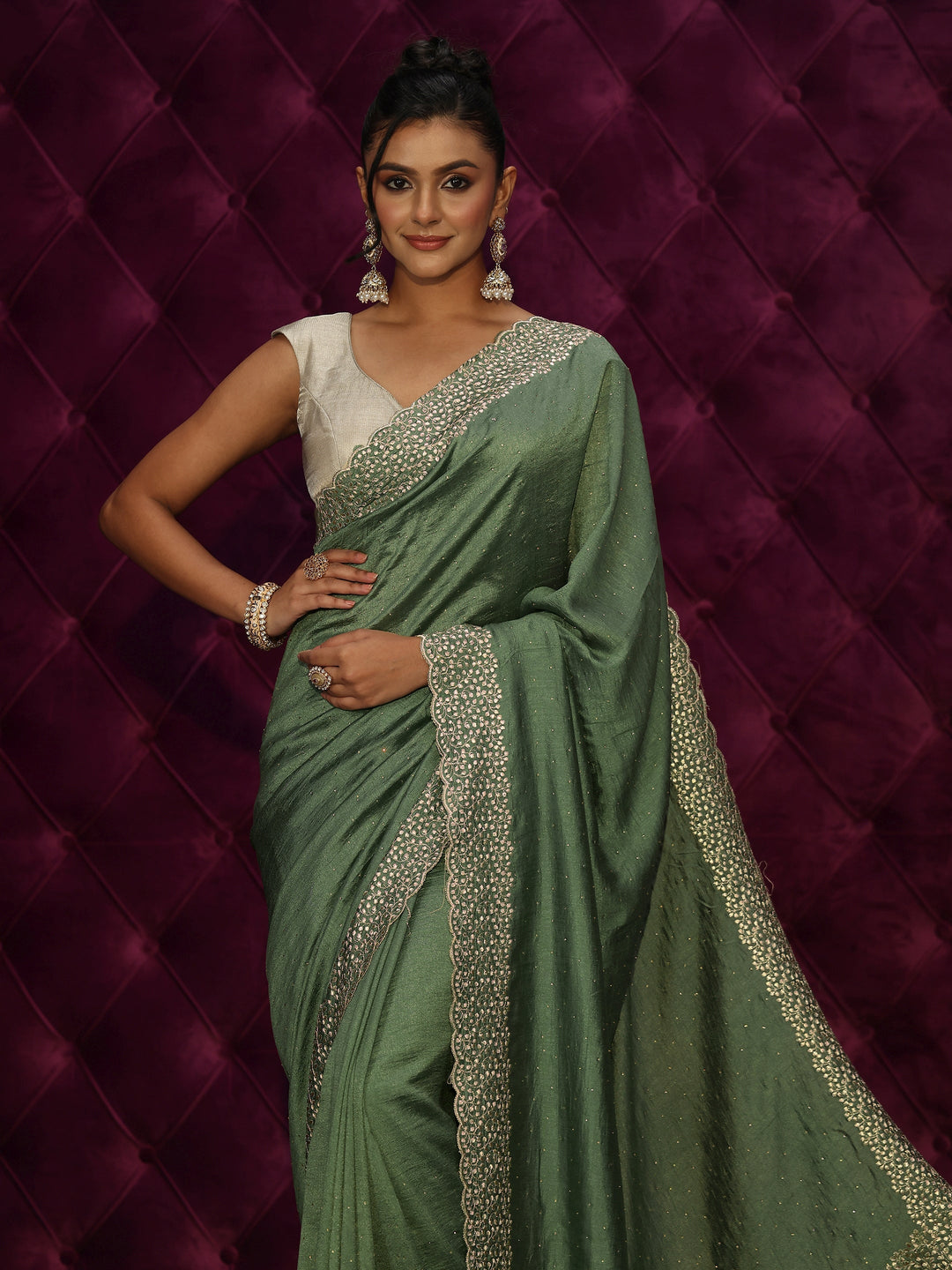  Libas Olive Green Stone Work Embellished Silk Blend Saree 