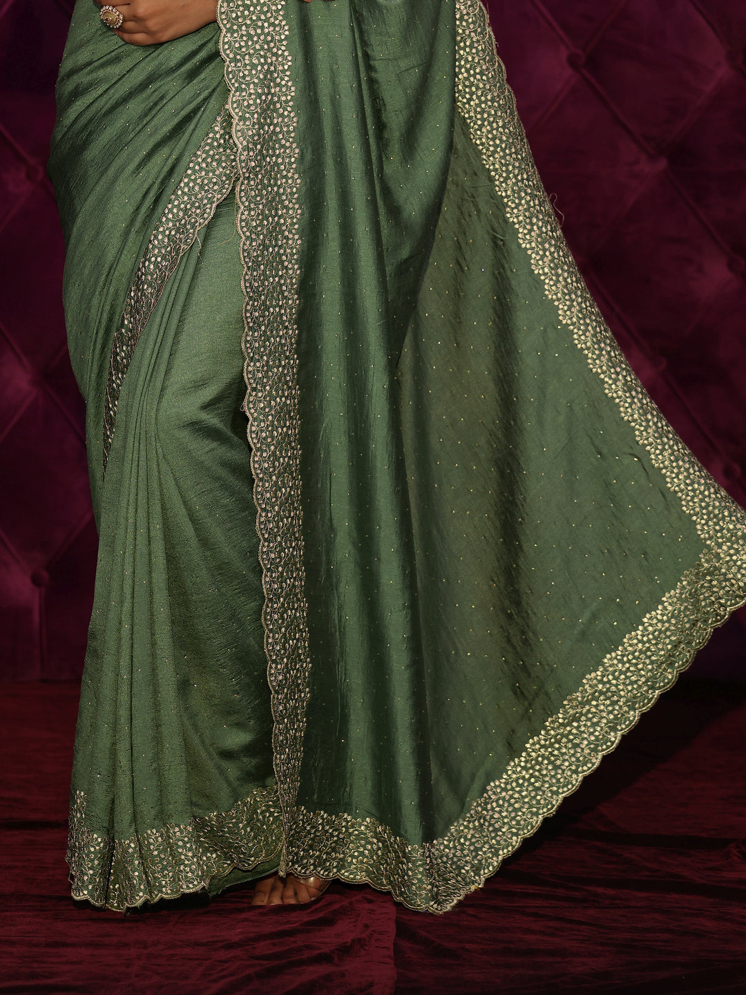  Libas Olive Green Stone Work Embellished Silk Blend Saree 