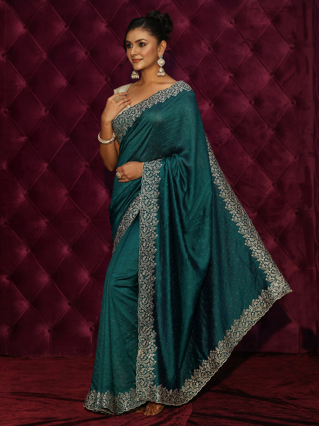  Libas Deep Teal Green Stone Work Embellished Silk Blend Saree 