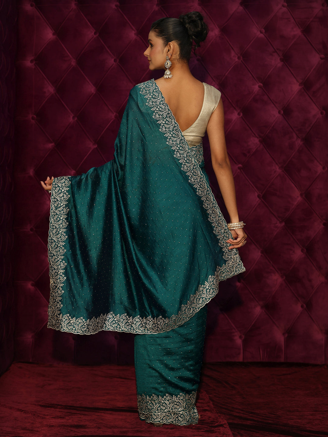  Libas Deep Teal Green Stone Work Embellished Silk Blend Saree 