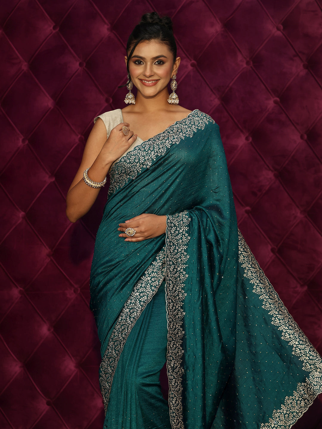  Libas Deep Teal Green Stone Work Embellished Silk Blend Saree 