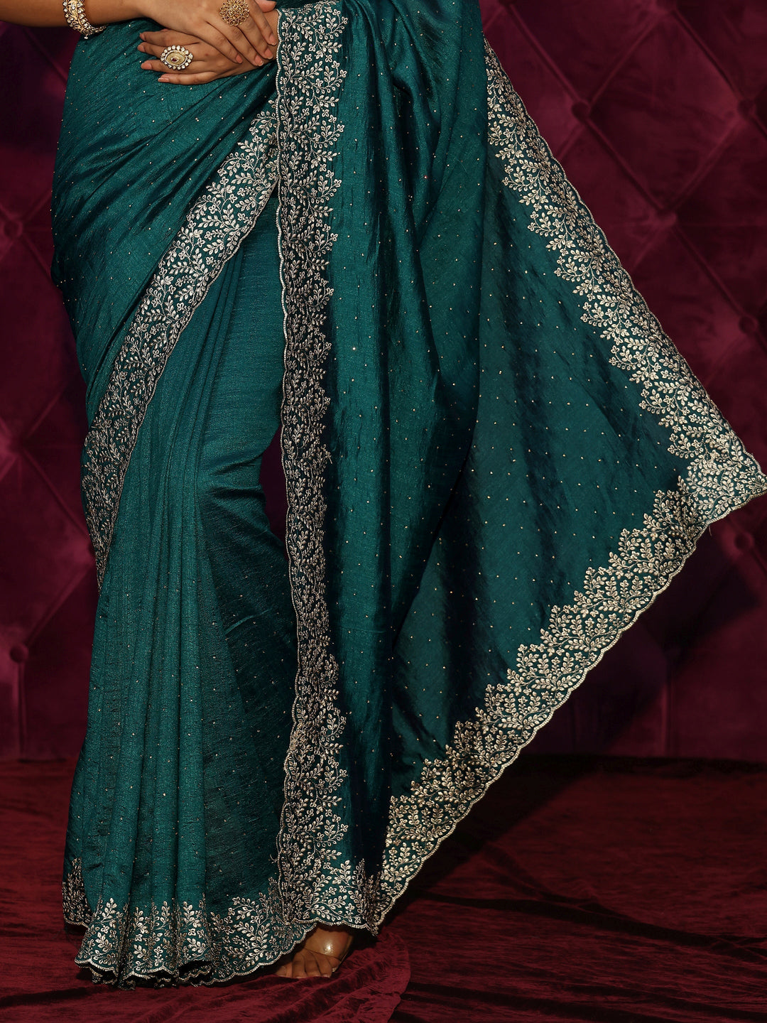  Libas Deep Teal Green Stone Work Embellished Silk Blend Saree 