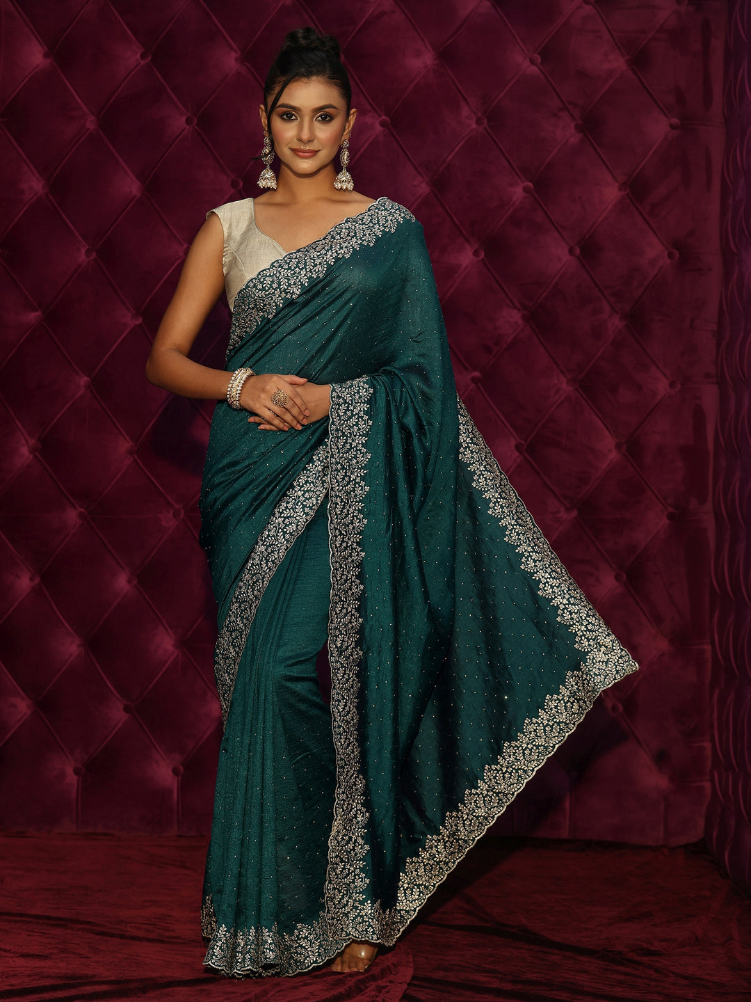  Libas Deep Teal Green Stone Work Embellished Silk Blend Saree 