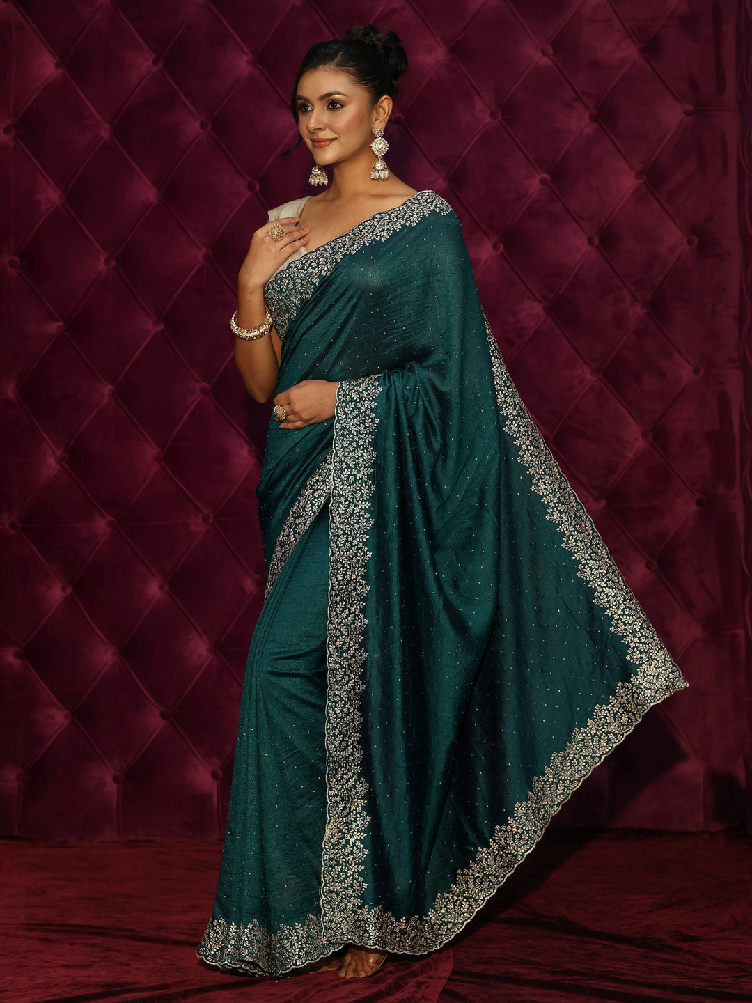  Libas Deep Teal Green Stone Work Embellished Silk Blend Saree 