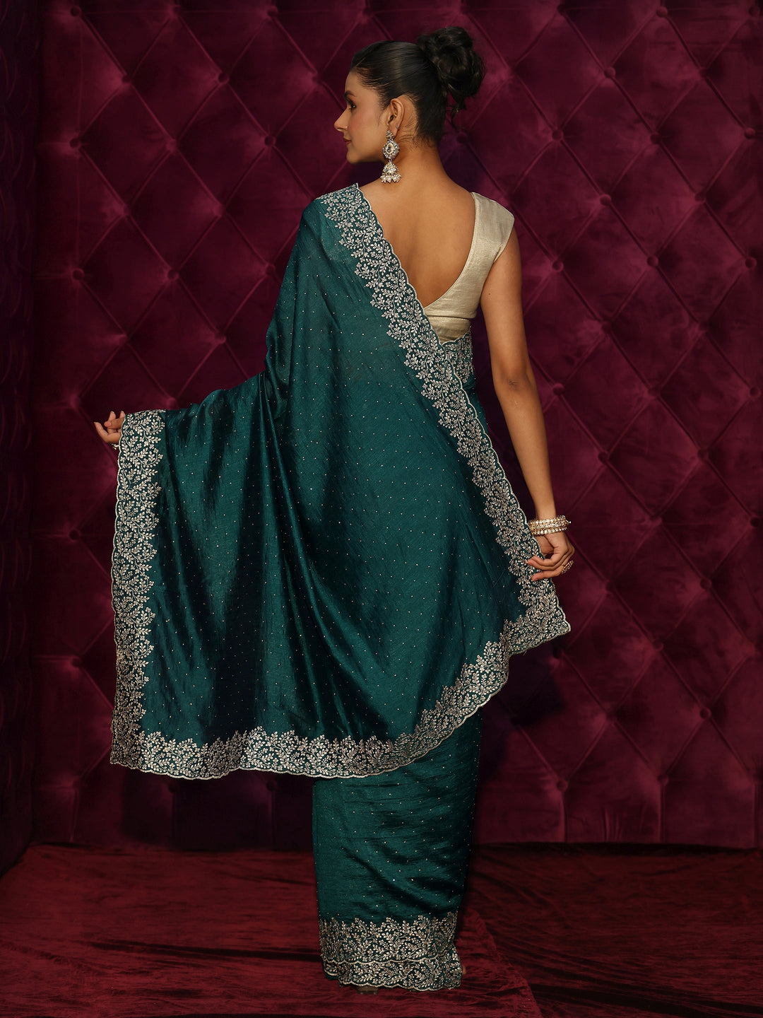  Libas Deep Teal Green Stone Work Embellished Silk Blend Saree 