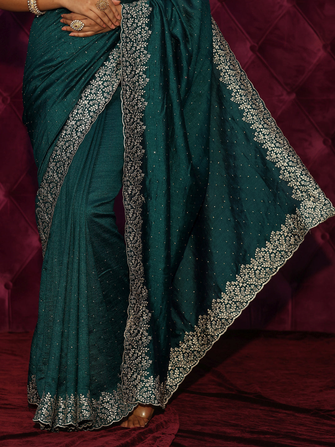 Libas Deep Teal Green Stone Work Embellished Silk Blend Saree 