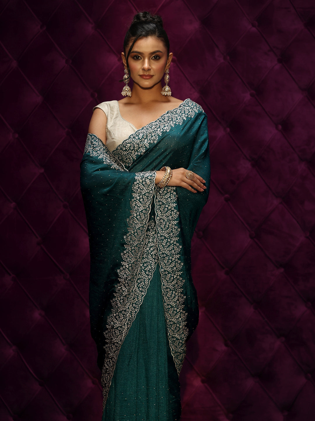  Libas Deep Teal Green Stone Work Embellished Silk Blend Saree 