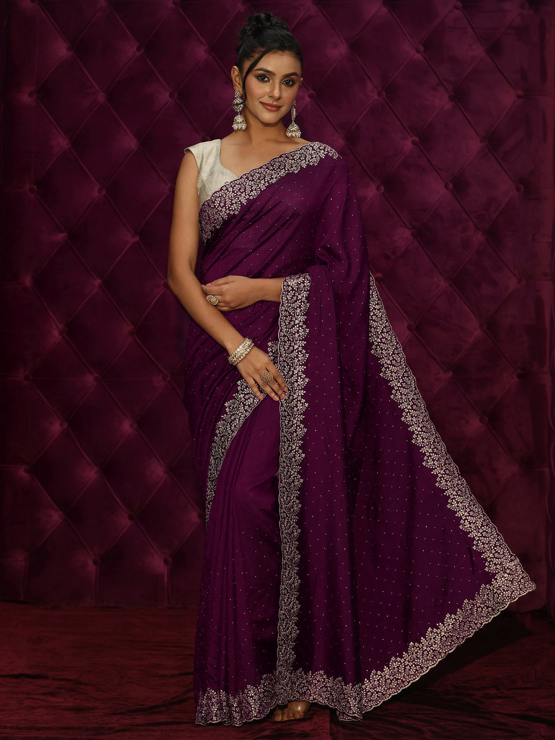 Libas Wine Stone Work Embellished Silk Blend Saree 