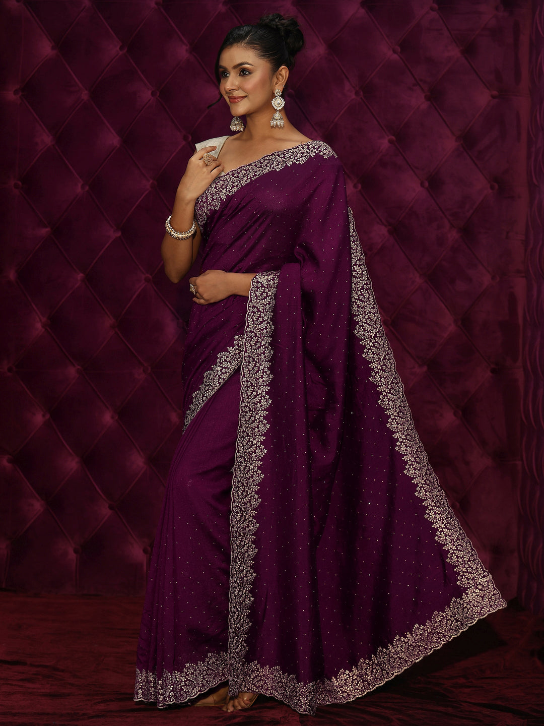  Libas Wine Stone Work Embellished Silk Blend Saree 