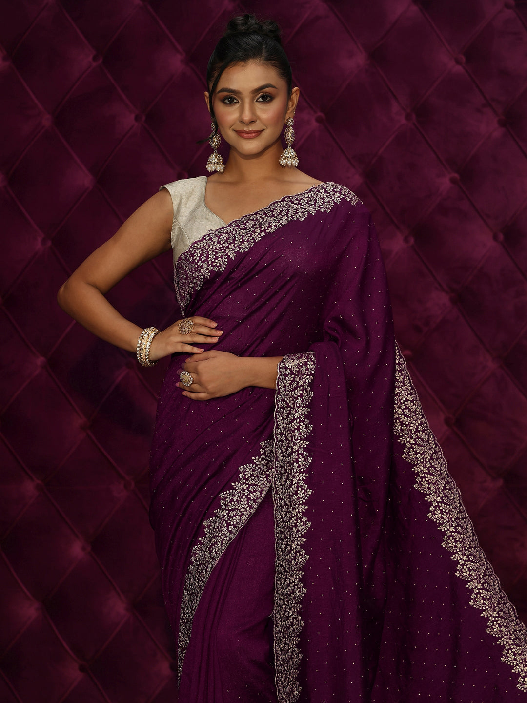  Libas Wine Stone Work Embellished Silk Blend Saree 