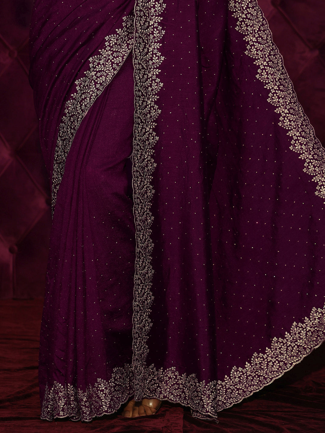  Libas Wine Stone Work Embellished Silk Blend Saree 