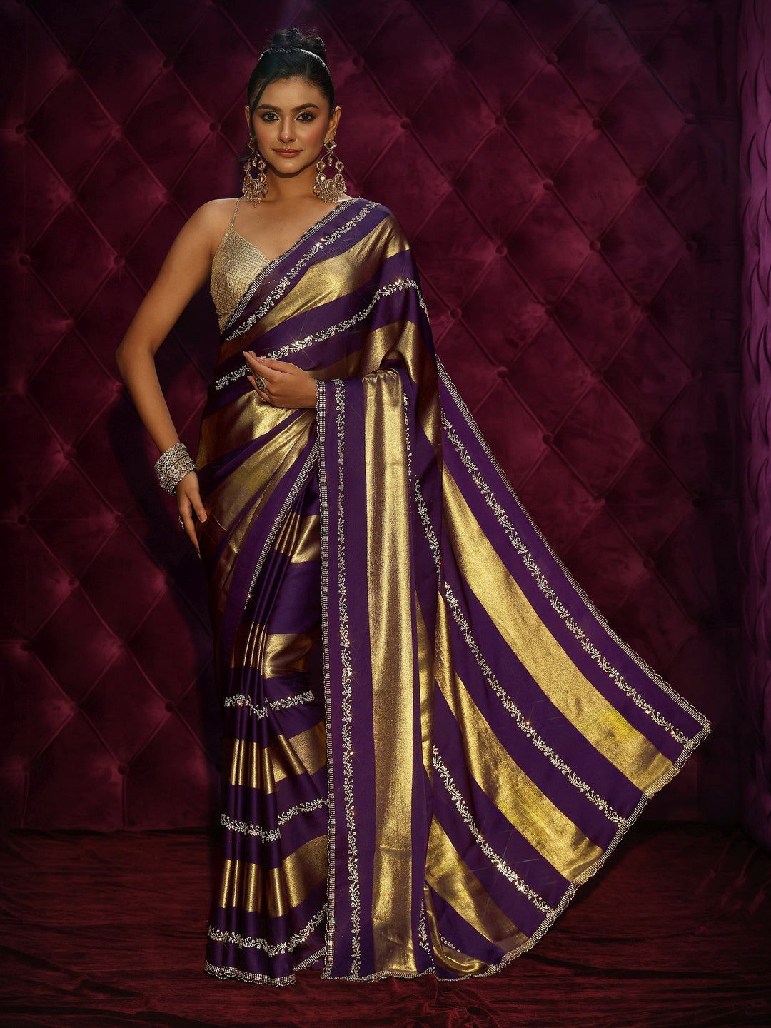  Libas Plum Purple Striped Embellished Silk Saree 