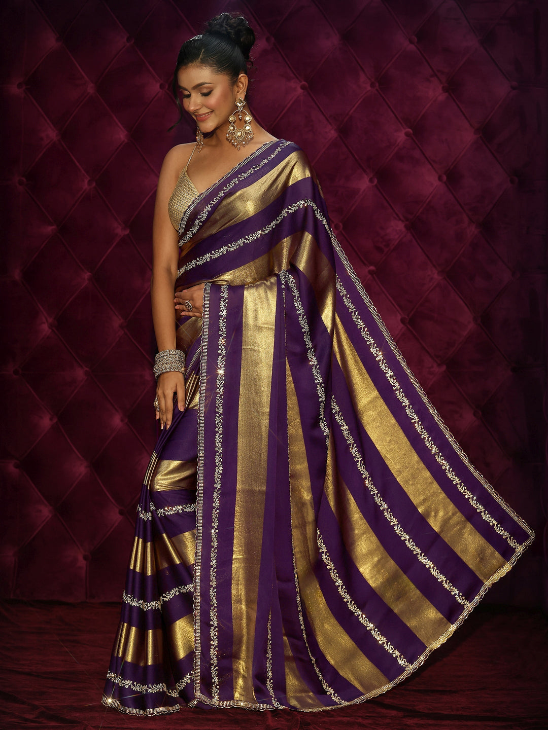  Libas Plum Purple Striped Embellished Silk Saree 