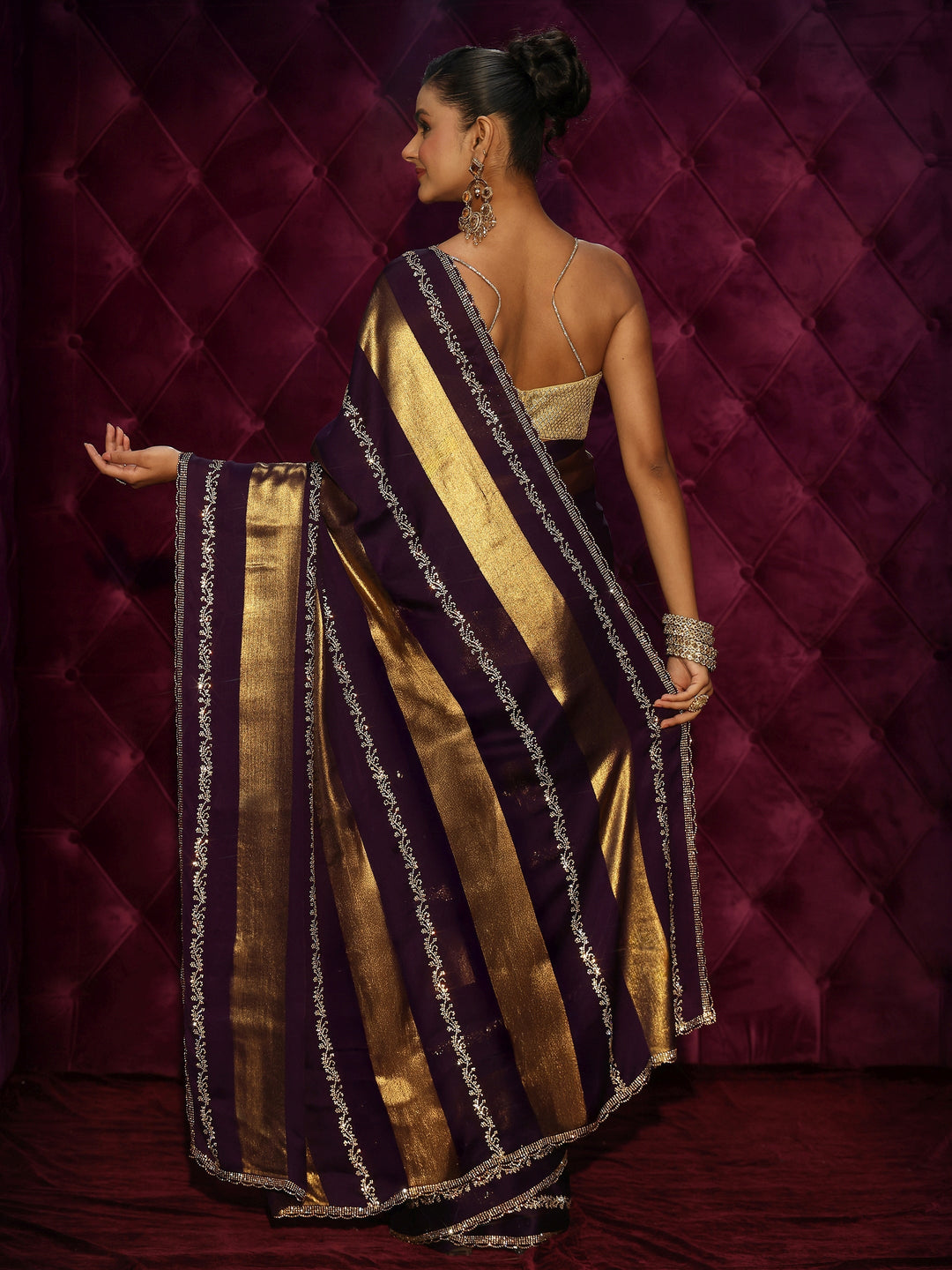  Libas Plum Purple Striped Embellished Silk Saree 